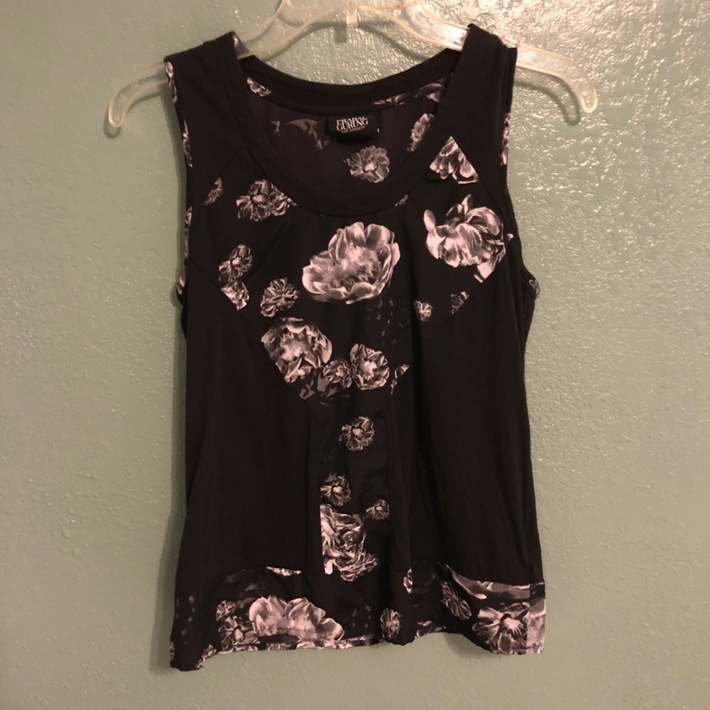 Black and white floral tank w/ faux silk panels